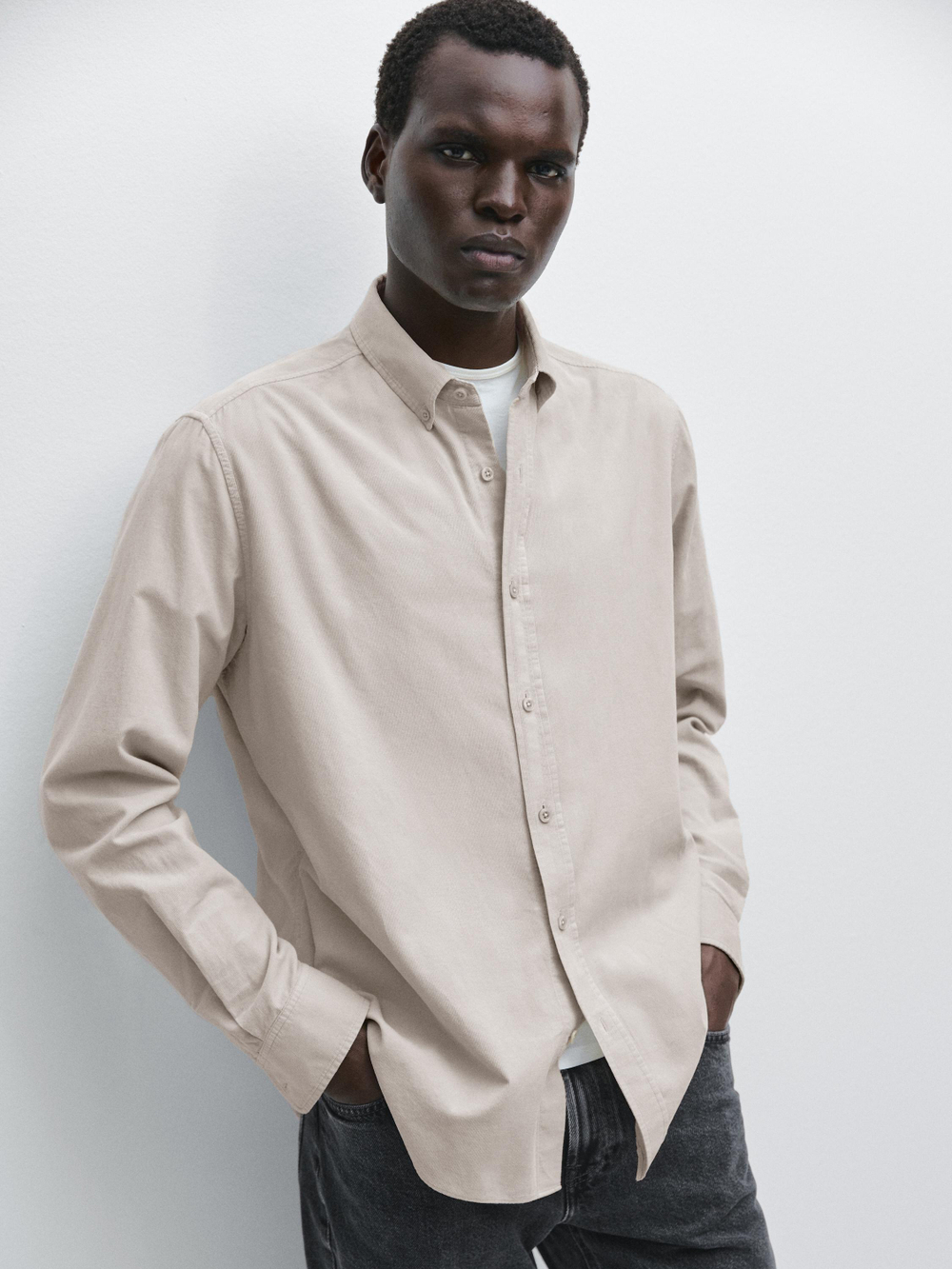 Massimo Dutti Рубашка прямого кроя в рубчик, бежевый