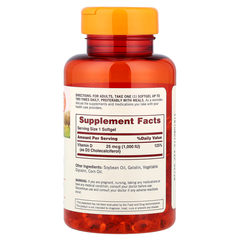 Sundown Naturals, Витамин D3, 25 мкг (1000 МЕ), 400 мягких таблеток
