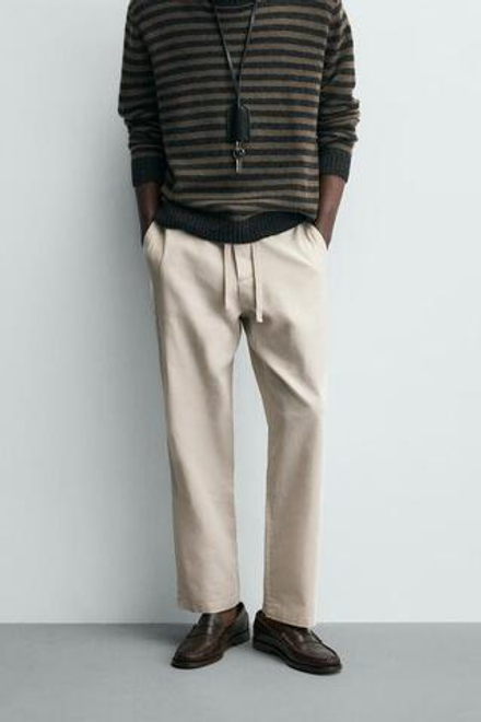 ZARA БРЮКИ RELAXED FIT ИЗ СМЕСИ ХЛОПКА, ЖЕМЧУЖНО-СЕРЫЙ