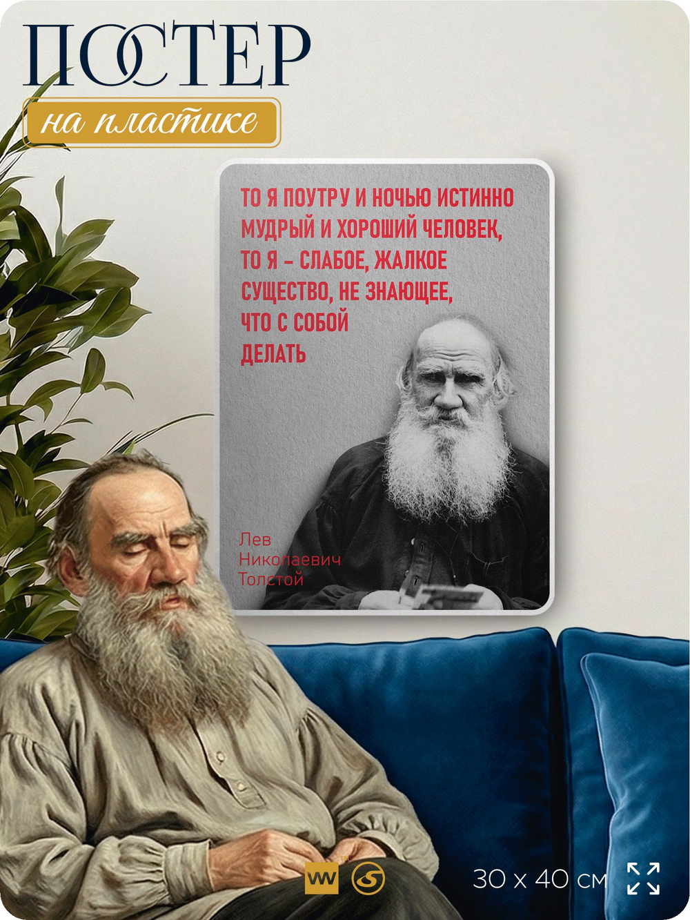 Литературный постер Лев Толстой "То я хороший человек, то жалкое существо" на стену, на пластике, для интерьера, 30х40 см, Айдентика Технолоджи