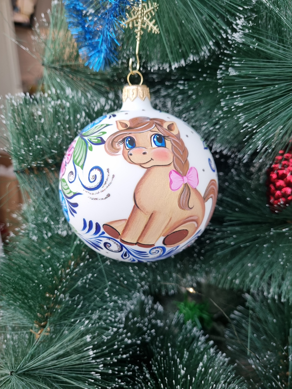 Шар стеклянный "Пони" городецкая роспись, ручная работа