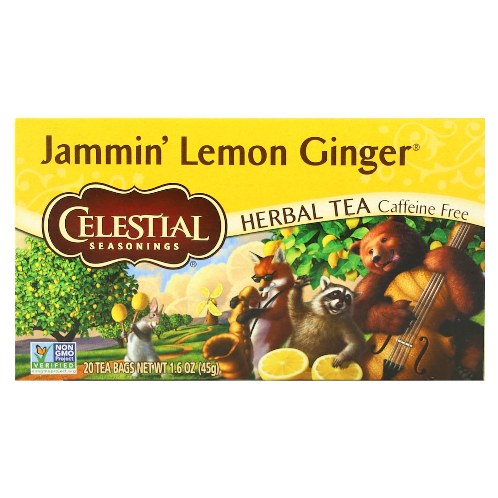 Celestial Seasonings, травяной чай, Jammin', лимон и имбирь, без кофеина, 20 чайных пакетиков, 45 г (1,6 унции)