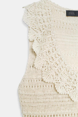 ZARA ТОП С ВОЛАНАМИ ИЗ ТРИКОТАЖА POINTELLE, ЭКРЮ