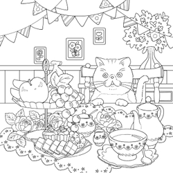A floral journey of a cat seeking the joyful bell. Coloring Book