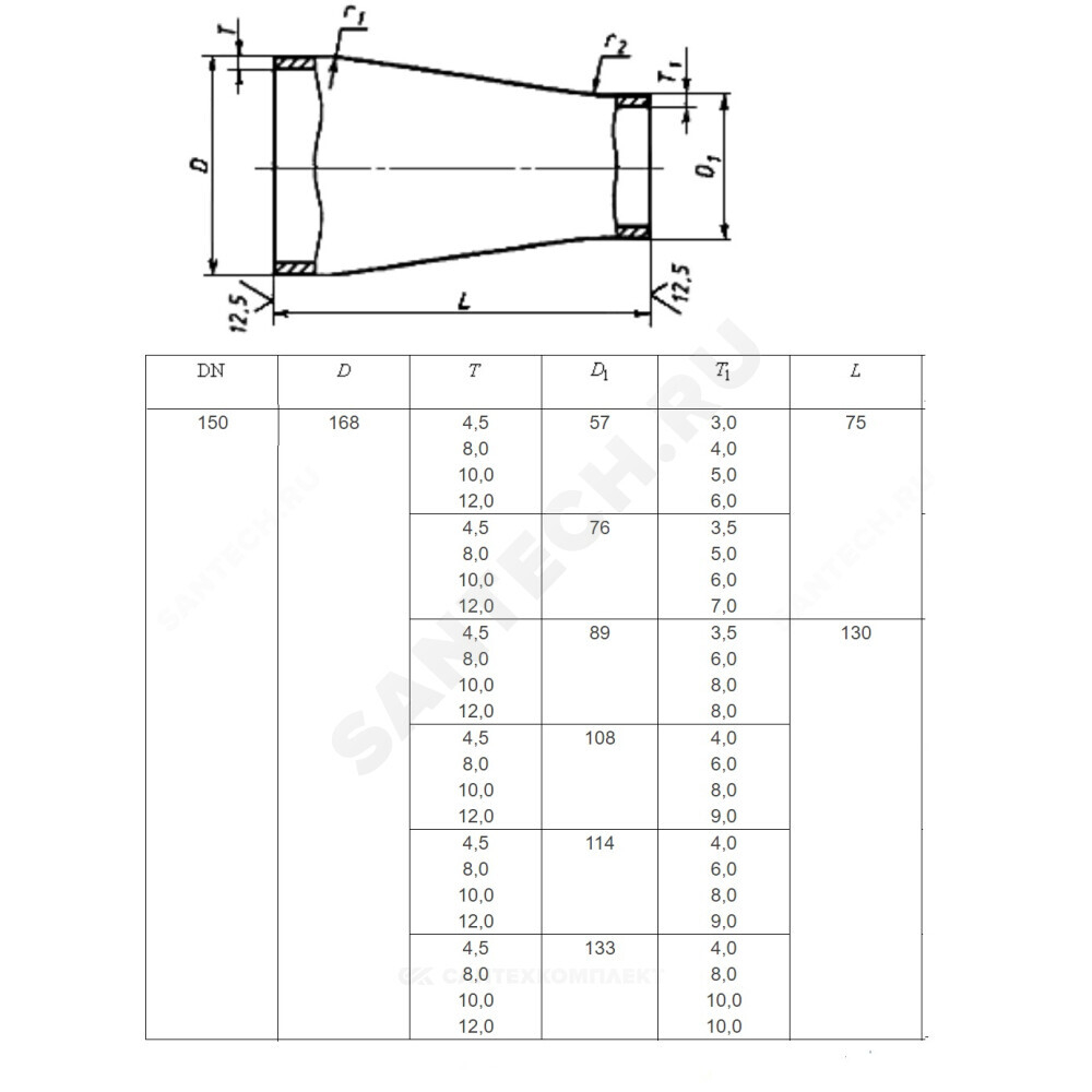 Переход сталь концентрический Дн 273х7,0-159х4,5 (Ду 250х150) бесшовный ГОСТ 17378-2001