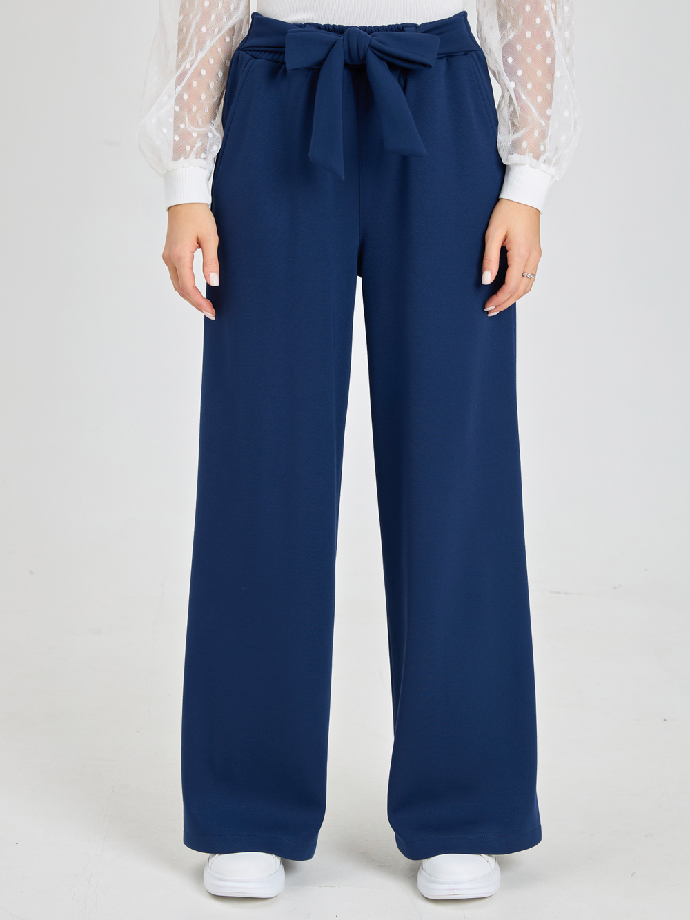 Брюки утепленные для девочки палаццо с завязками темно-синие