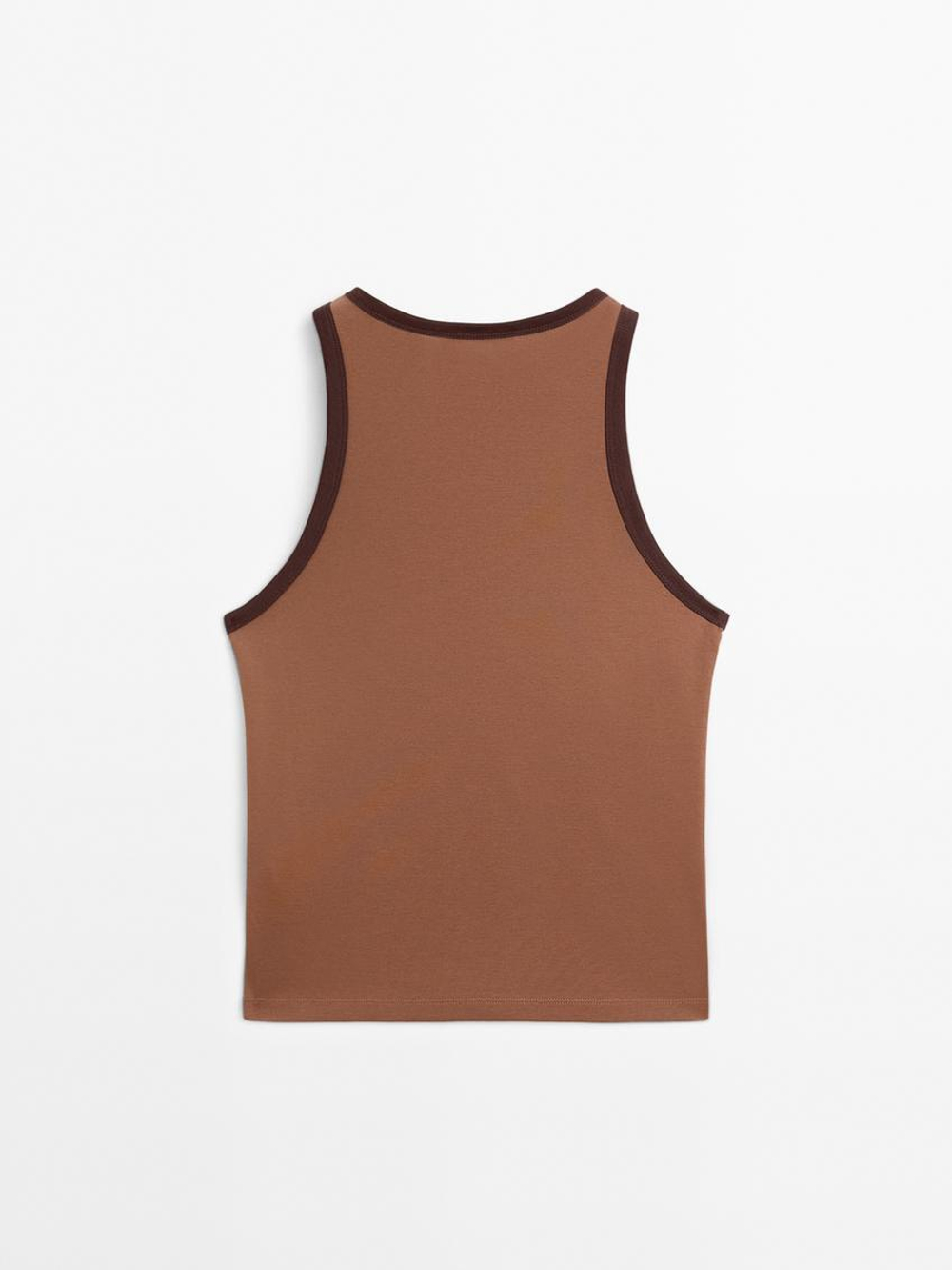 Massimo Dutti Топ из 100% хлопка с горловиной халтер и контрастной отделкой, кофейный