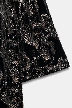 ZARA БАРХАТНОЕ ПАЛЬТО С ПАЙЕТКАМИ И БИСЕРОМ, ЧЕРНЫЙ