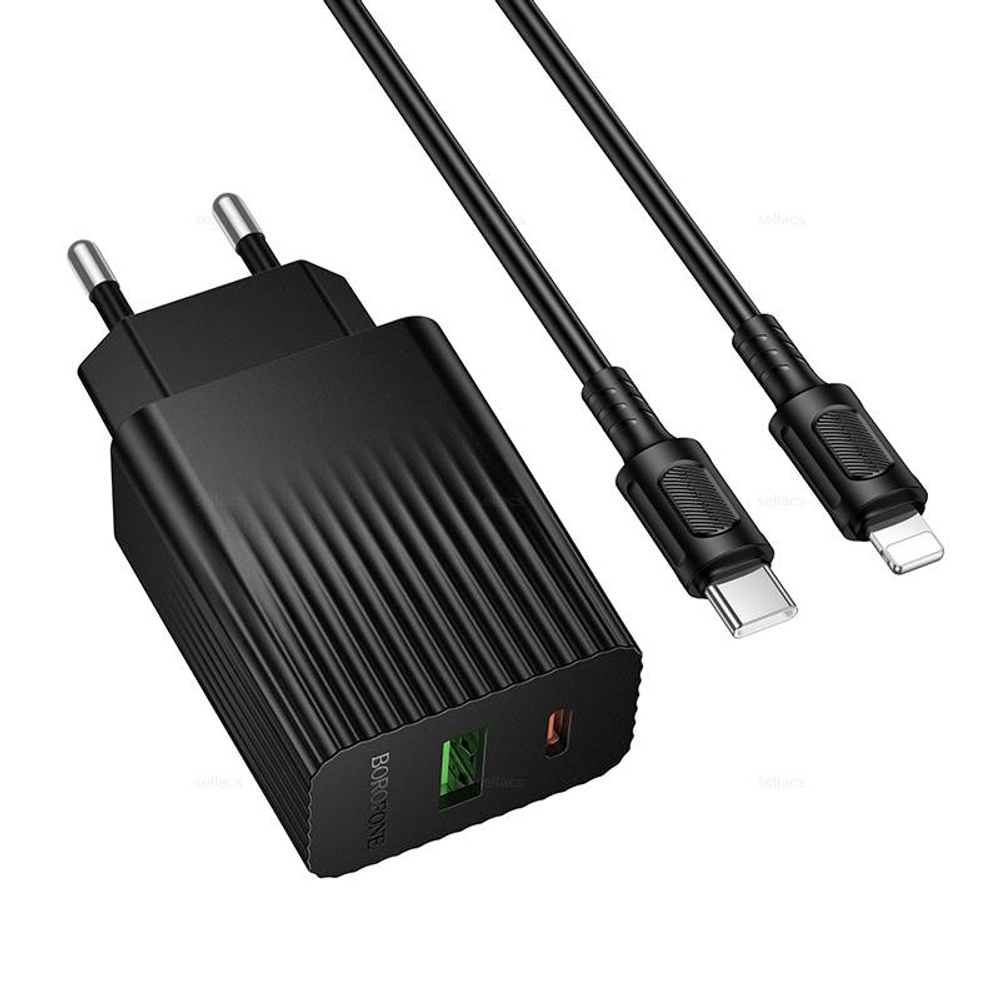 Сетевой адаптер питания BOROFONE BAS74A PD 20W QC 3.0 + кабель Lightning-Type-C (черный)