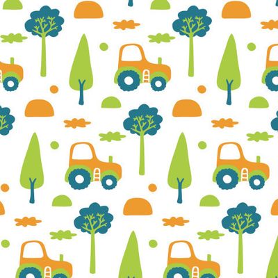 Buy baby fabric hand drawn cars tractor orange