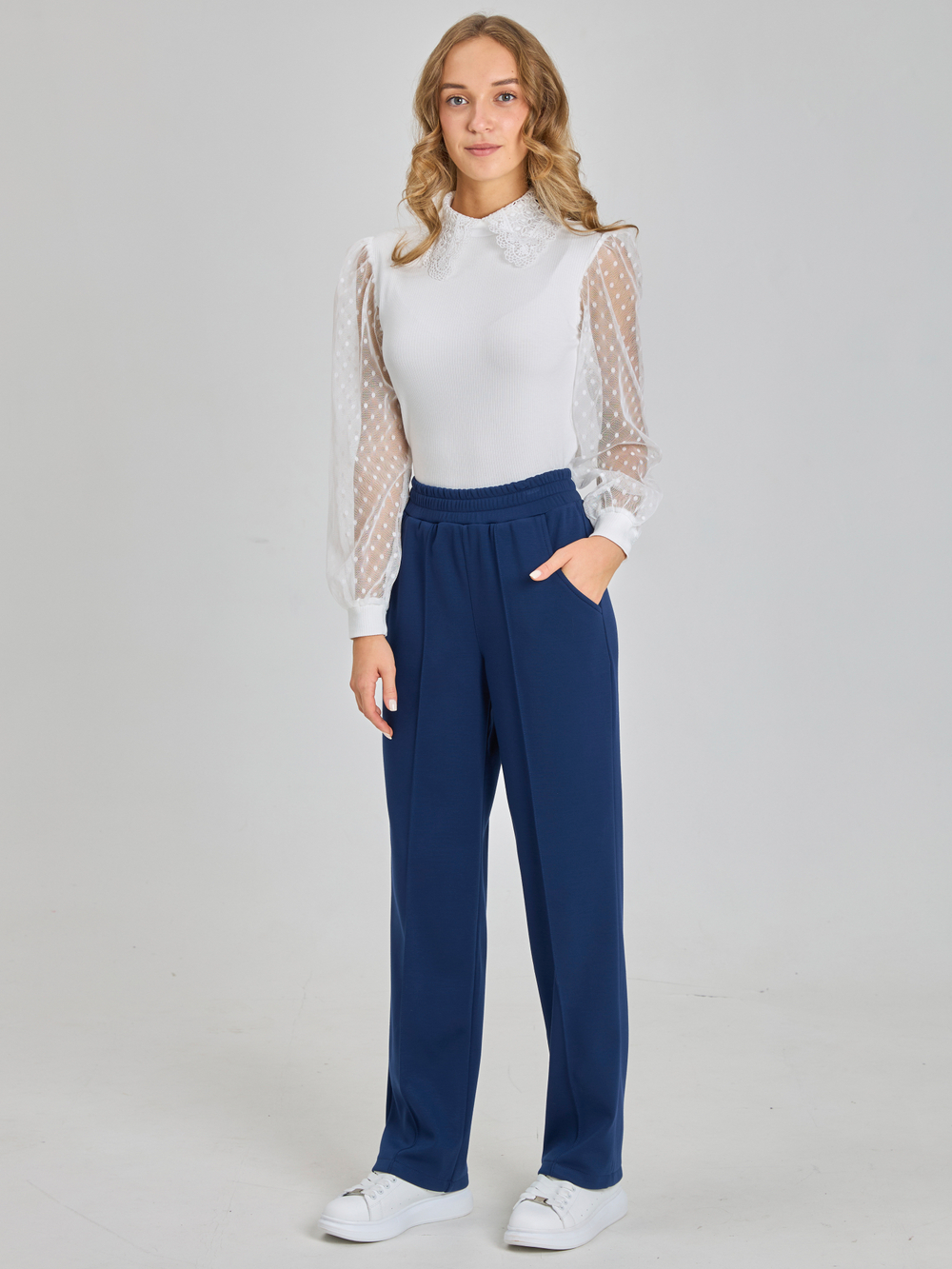 Брюки утепленные для девочки прямые с прошитой стрелкой тёмно-синие