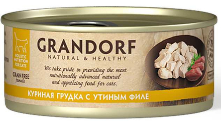 Консервы GRANDORF для кошек с куриной грудкой и утиным филе в собственном соку - 70 гр