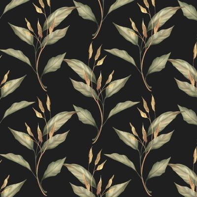 Растительный узор. Листья и золото, черный 2