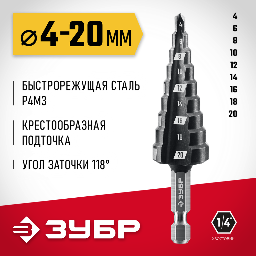 ЗУБР 4-20мм, 9 ступеней, сверло ступенчатое(29665-4-20-9)