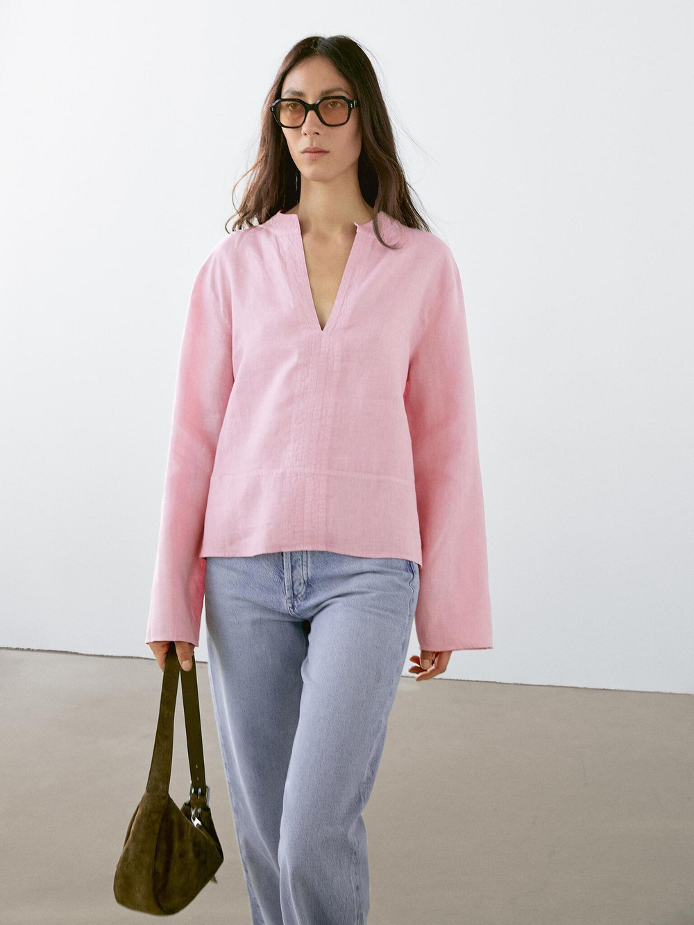 Massimo Dutti Рубашка с длинным рукавом из 100% льна, розовый