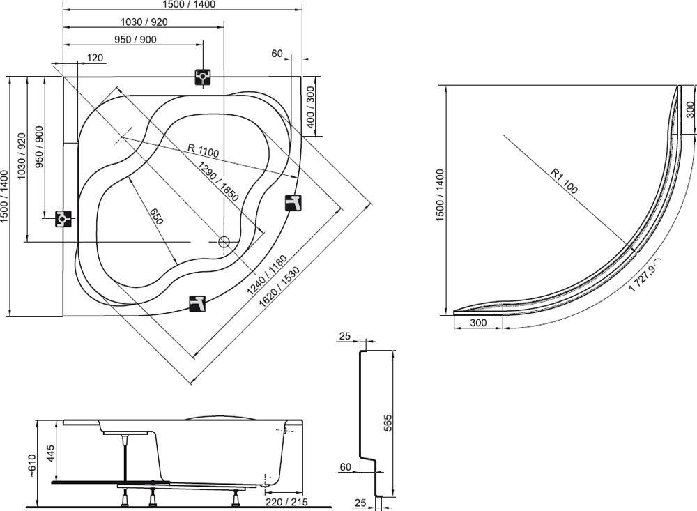 Ванна акриловая Ravak Gentiana 140x140 CF01000000 схема