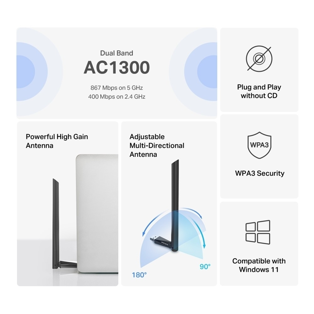 Сетевой адаптер WiFi Mercusys MA30H AC1300 Двухдиапазонный Wi-Fi USB-адаптер высокого усиления