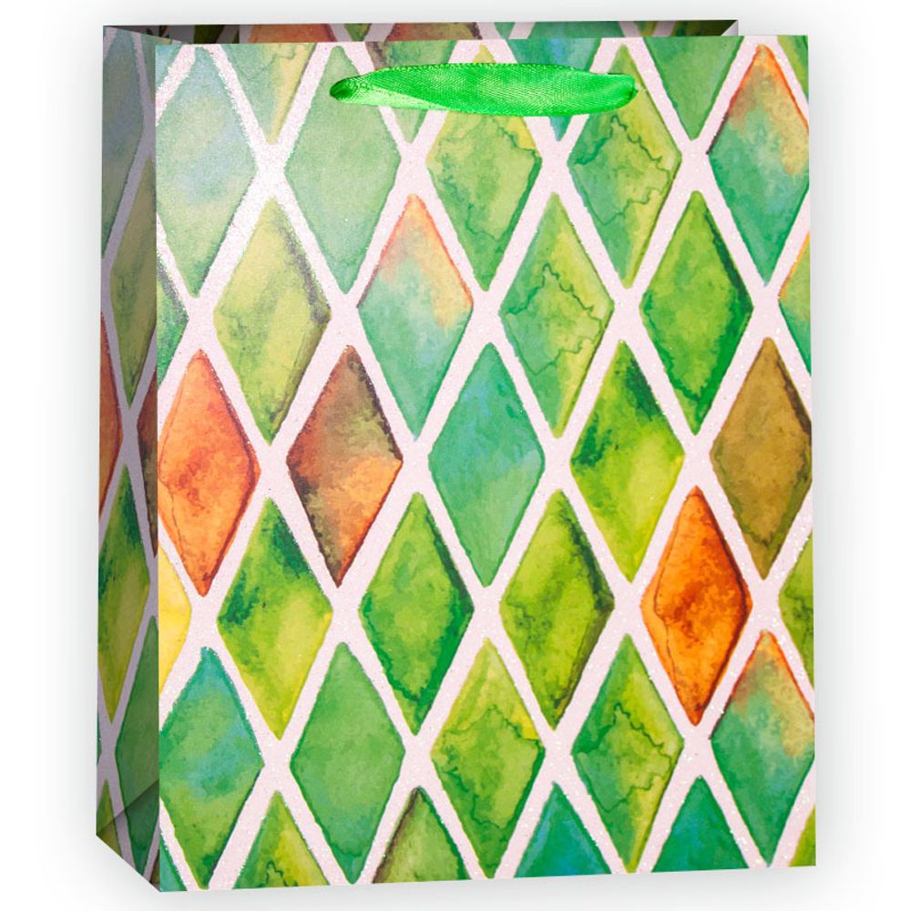 Пакет подарочный S вертикальный, &quot;Витраж с ромбами&quot;, Весенне-зеленый, с блестками, 18*23*10 см (Д*В*Ш)