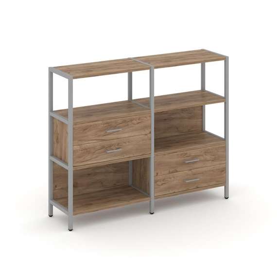 Shelf System Двухсекционный стеллаж трехярусный с ящиками SN.STM-323 Дуб Табак/Металл Серый 1590*400