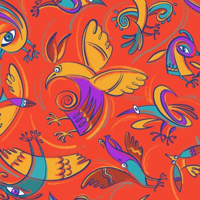 Фантастические птицы на красном