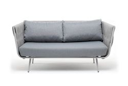 "Монако" диван 2-местный плетеный из роупа, каркас алюминий светло-серый (RAL7035) муар, роуп светло-серый 40 мм, ткань светло-серая