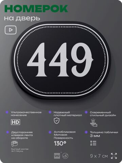 Номерок на дверь квартиры 449, для кабинета, офиса, шильдик 9 х 7 см, черный, Айдентика Технолоджи