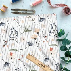 Ткань мембрана акварельные цветы на белом фоне в полоску