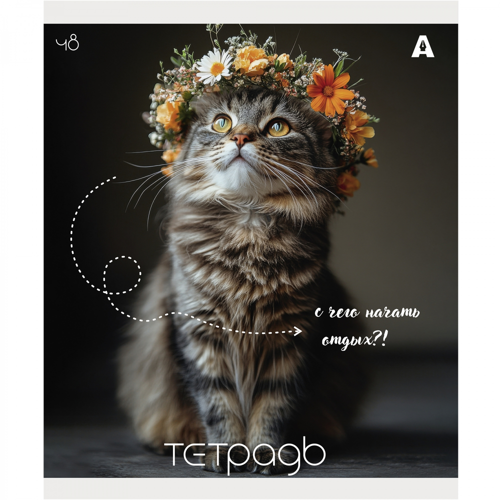 Тетрадь 48л., А5, клетка, Alingar "Кошки", скрепка, мелованый картон ( стандарт), блок офсет, 5 дизайнов в пленке т/у