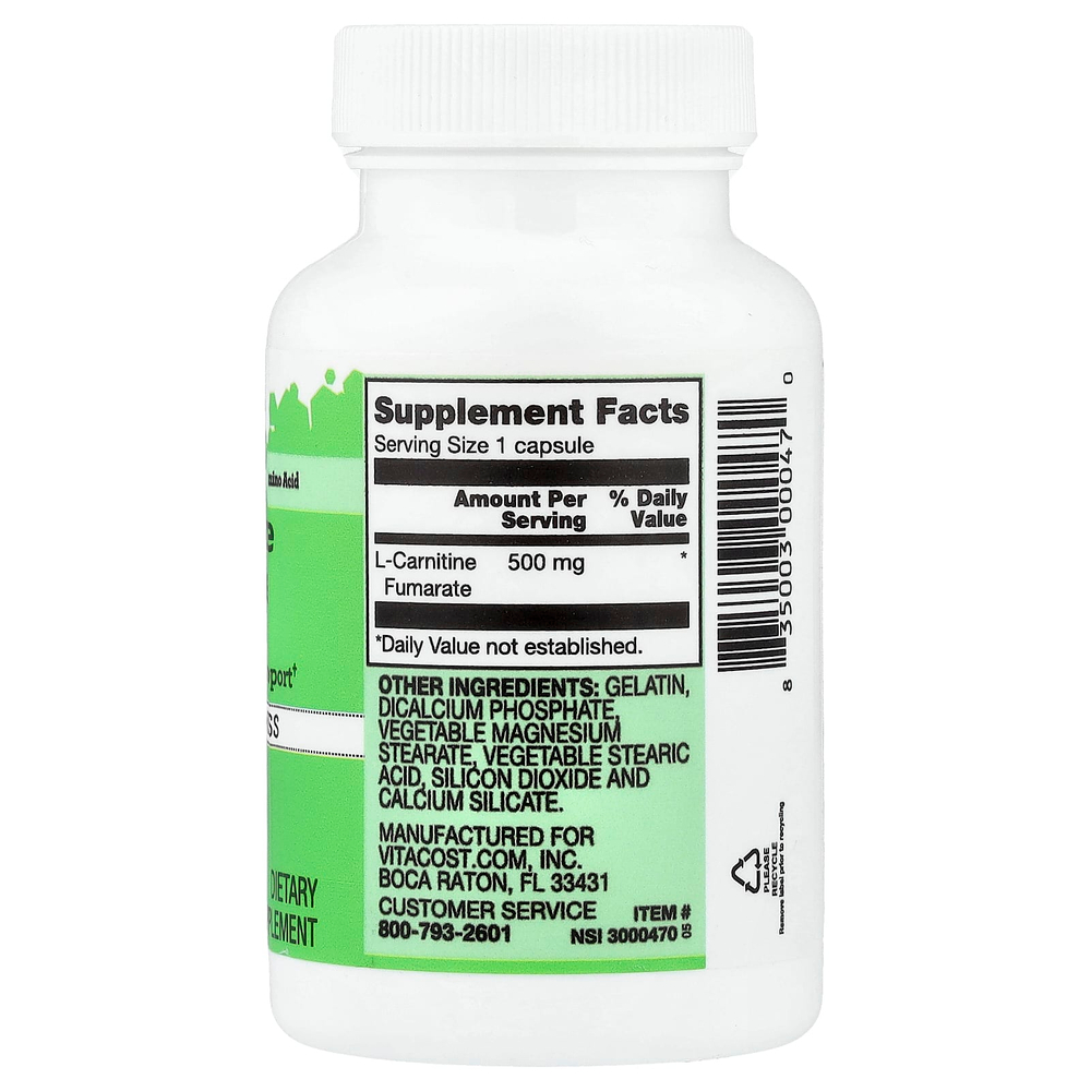 Vitacost, L-Carnitine Fumarate, 500 mg, 60 Capsules