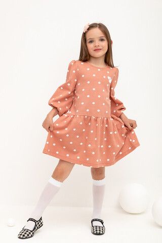 Платье  для девочки  КР 5827/персиковая карамель,собаки-горошки к429