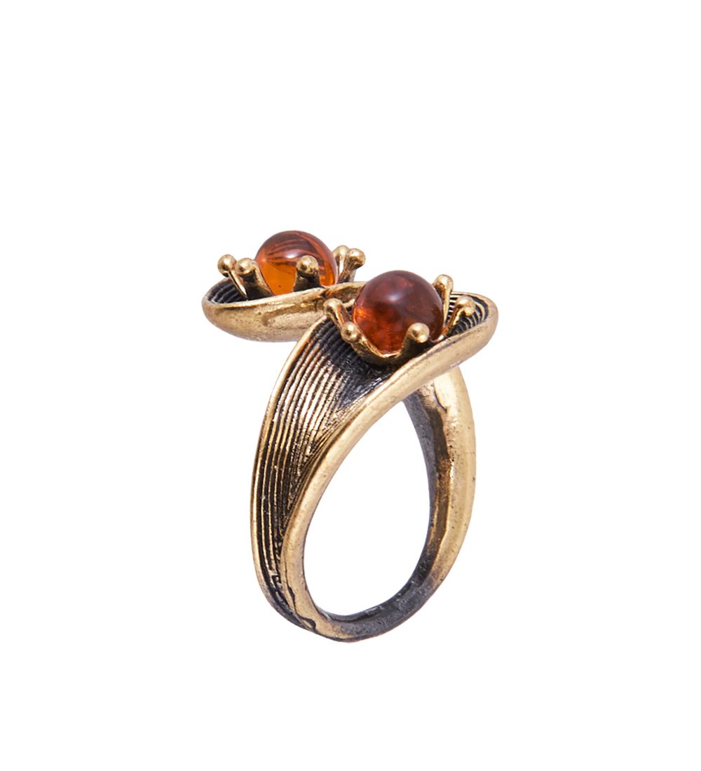 AM-3858 Кольцо «Кувшинки» (латунь, янтарь)