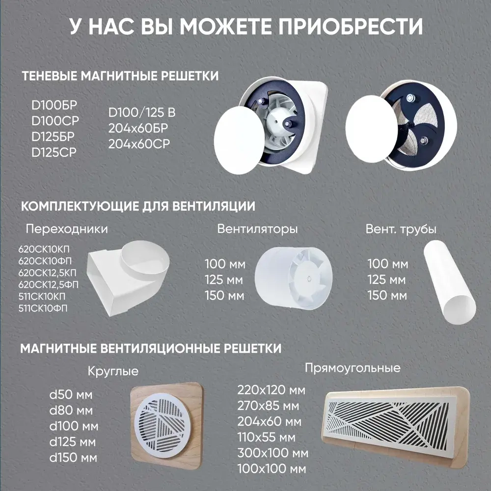 Решетка теневая магнитная вентиляционная с вентилятором 100/125 мм