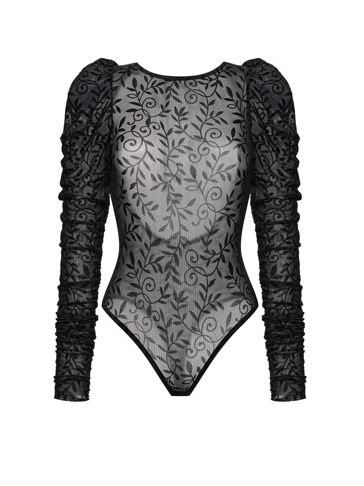 Боди с драпированными рукавами из эластичной сетки с узором