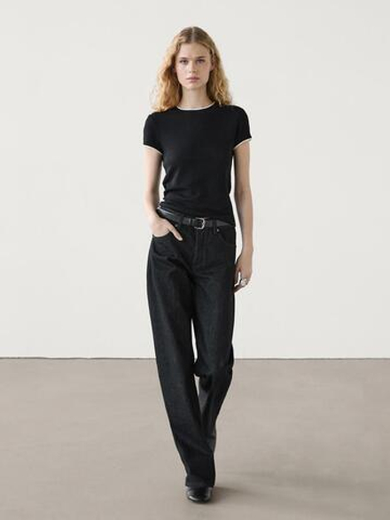 Massimo Dutti Футболка из тонкой ткани с контрастными деталями, черный