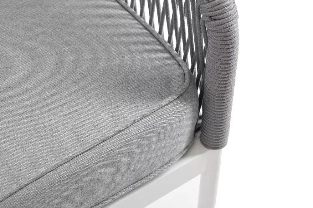 "Канны" левый модуль плетеный из роупа, каркас алюминий белый шагрень, роуп светло-серый круглый, ткань светло-серая