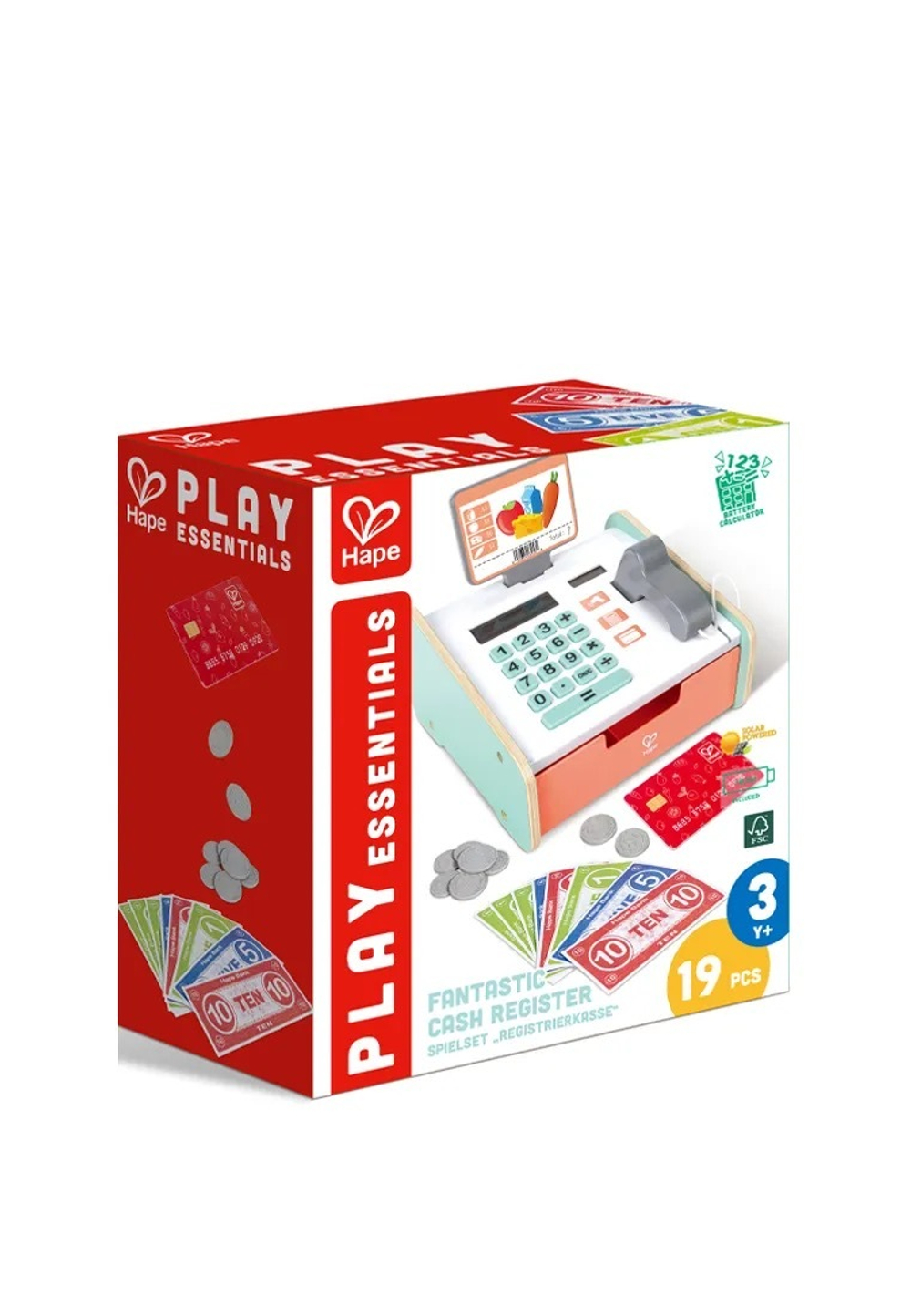 Детский деревянный "Кассовый аппарат" с бумажными деньгами, монетами, пластиковой картой и сканером товаров