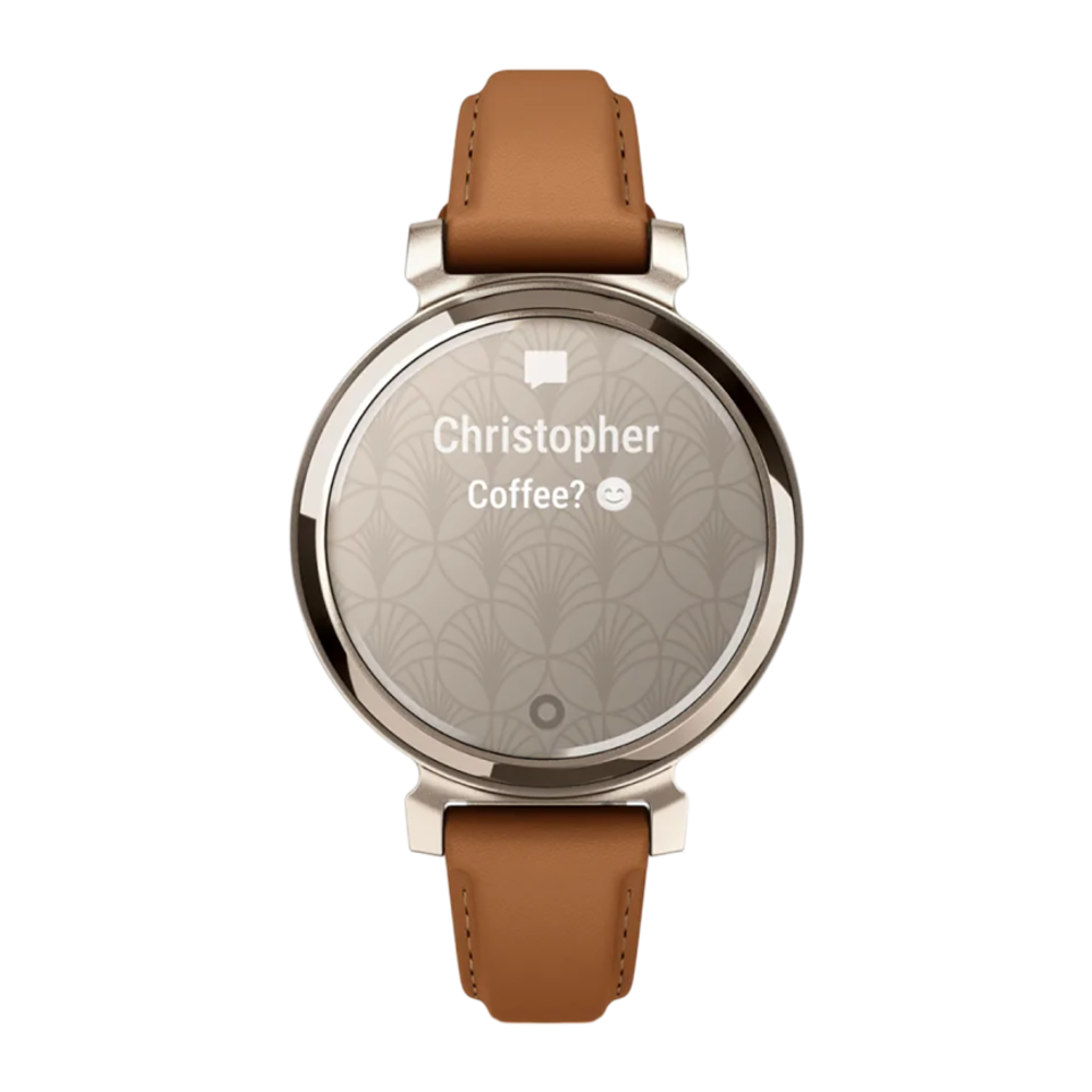 Спортивные часы Garmin Lily 2 Classic, рыжевато-коричневый кожаный ремешок Кремово-золотистый безель из алюминия, стекло Gorilla Glass. Ремешок с классической застёжкой — на запястье обхватом 110–175 мм