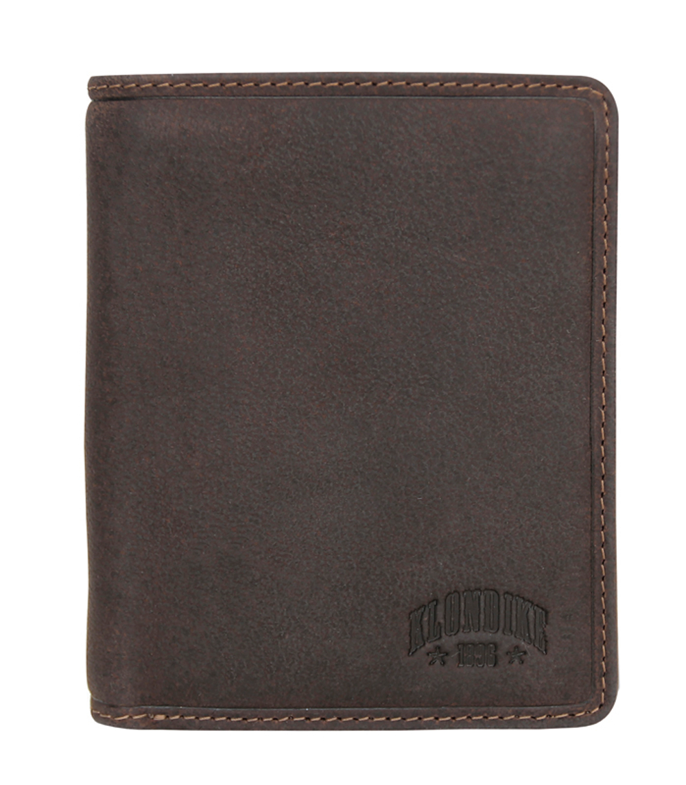 Качественный мужской бумажник тёмно-коричневый из натуральной кожи с 8 отделениями для кредитных карт, 2 отделениями по бокам, 2 отделениями для купюр, 1 отделением для монет KLONDIKE «Eric»