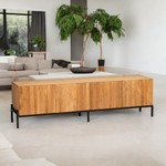 Дизайнерская тумба под телевизор 180 см Грувс из дуба с декоративными резными фасадами, на металлических ножках в стиле лофт