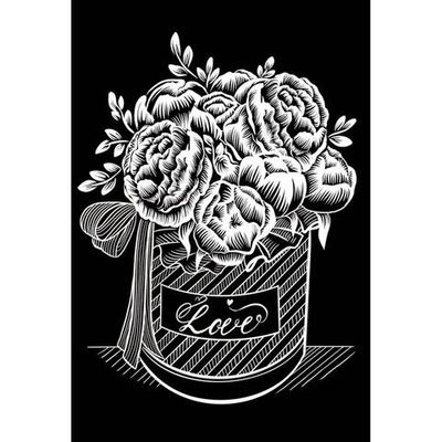 Гравюра А4 в пакете с ручкой. Золото. Букет с пионами (Арт. Г-5899)