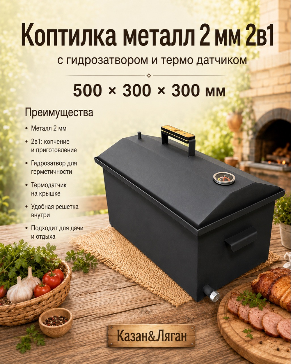 Коптилка металл 2 мм 2в1 с г-з и т.датчик 500*300*300 мм