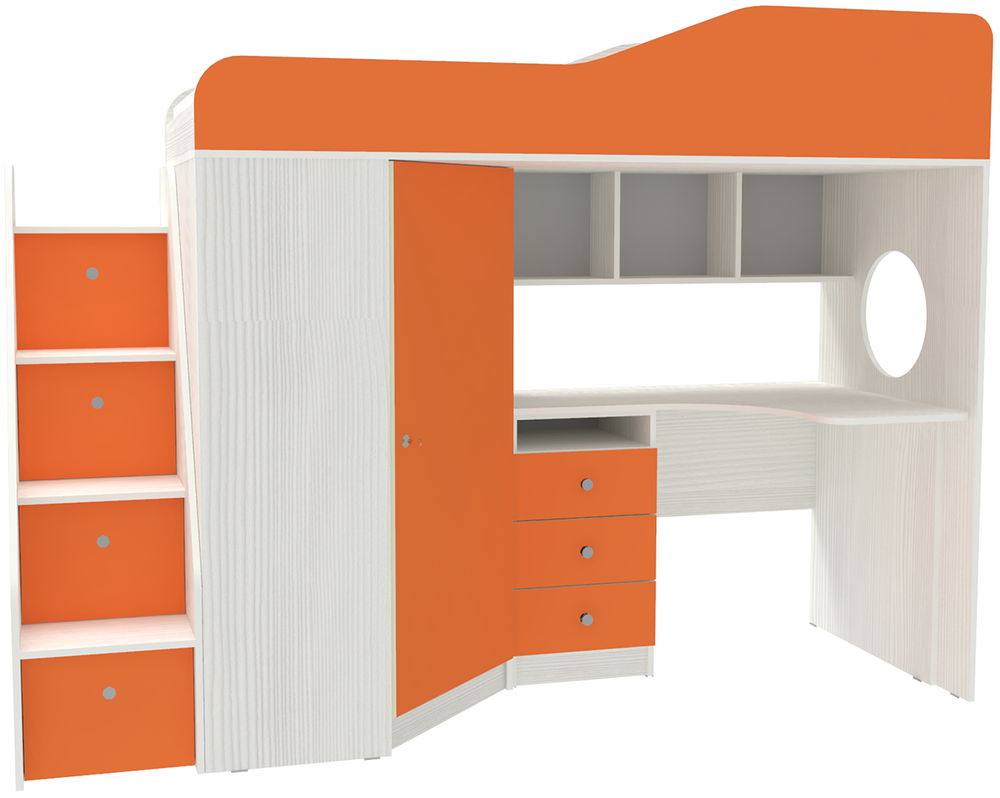 Кровать-чердак КарИВи Кадет 1 с универсальной лестницей Белое Дерево Оранжевый