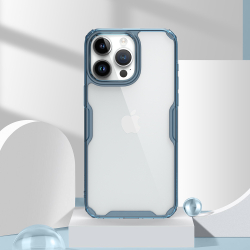 Прозрачный чехол с усиленными боковыми рамками синего цвета от Nillkin для iPhone 15 Pro, серия Nature TPU Pro Case