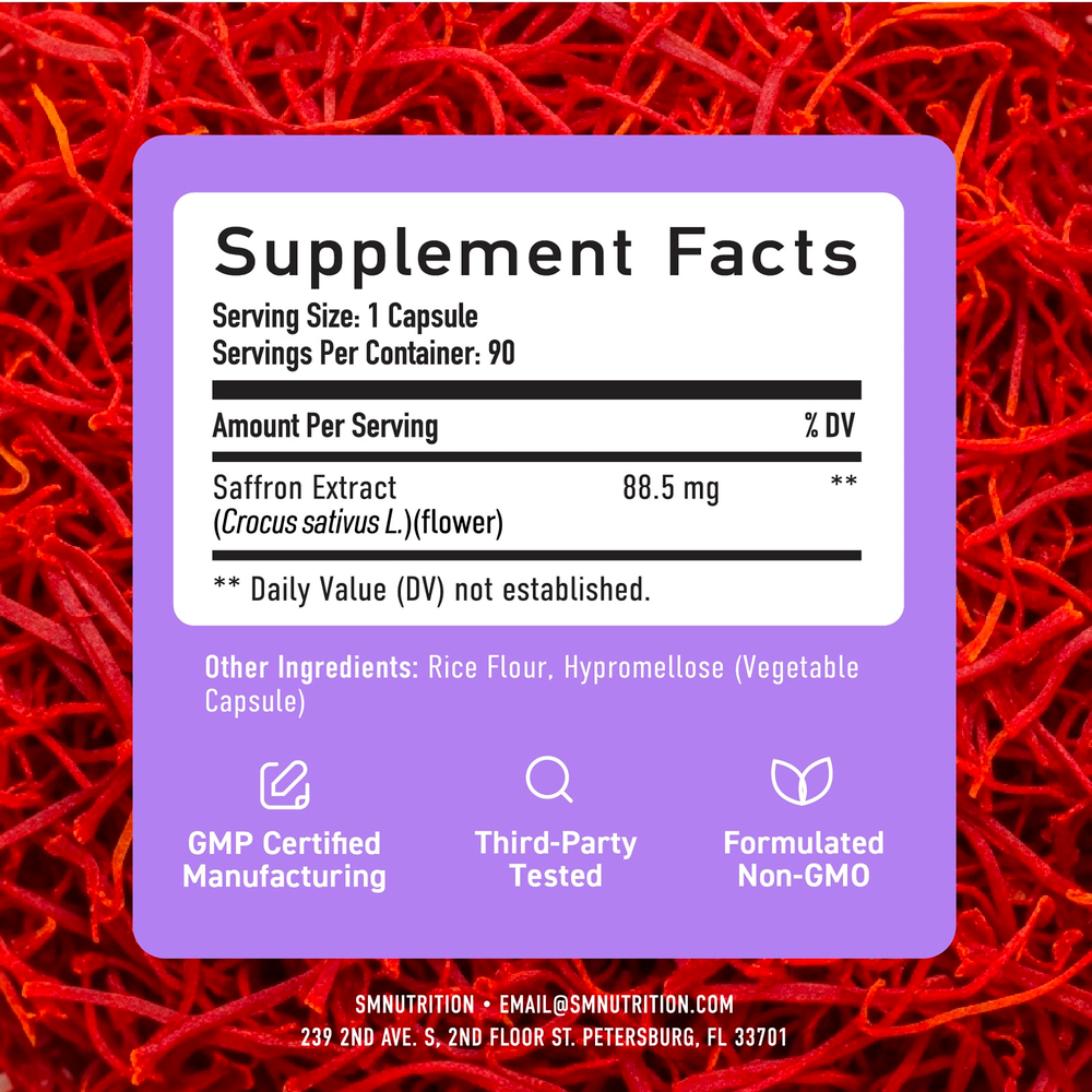 SMNutrition, экстракт шафрана, 88,5 мг, 90 капсул
