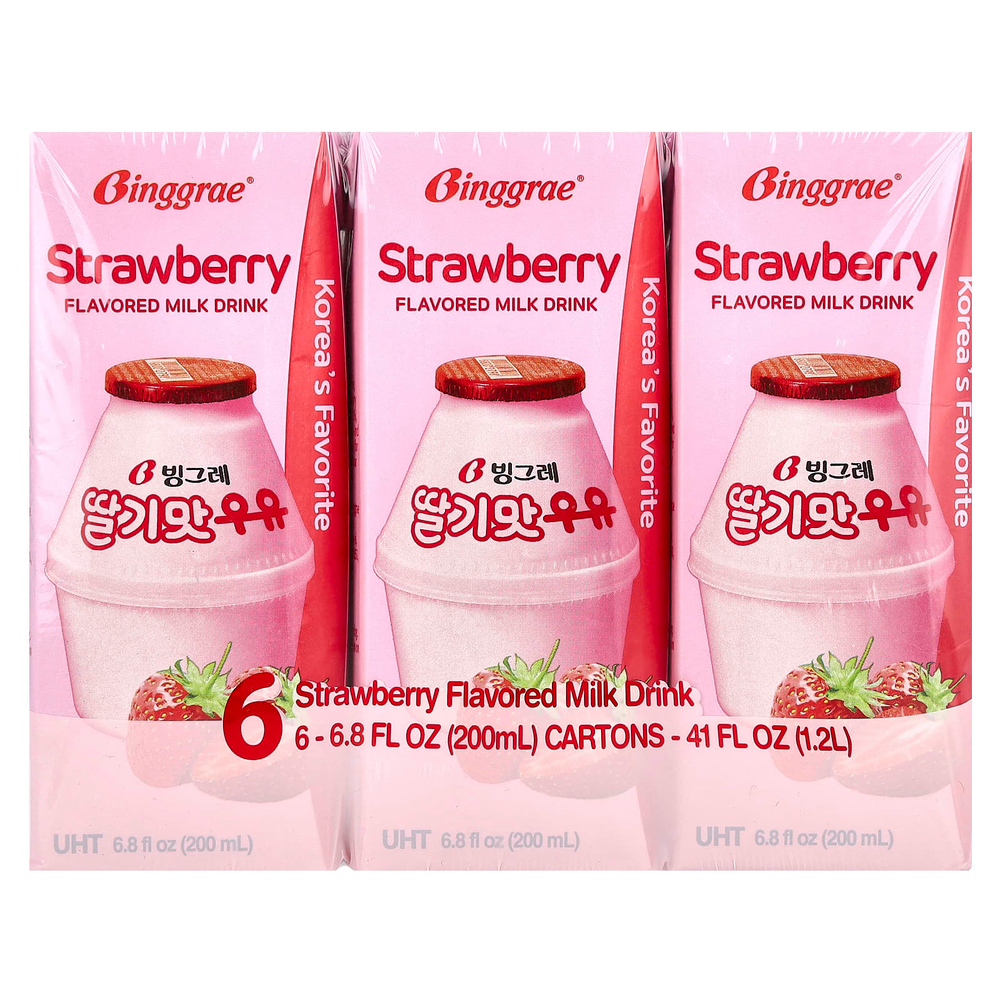 Binggrae, Ароматизированный молочный напиток, клубника, 6 коробок по 200 мл (6,8 жидк. унц.)