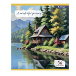 Тетрадь 36 л., А5, линия, Alingar "Пейзажи", скрепка, офсет, мелованный картон (стандарт), 5 дизайнов в пленке т/у