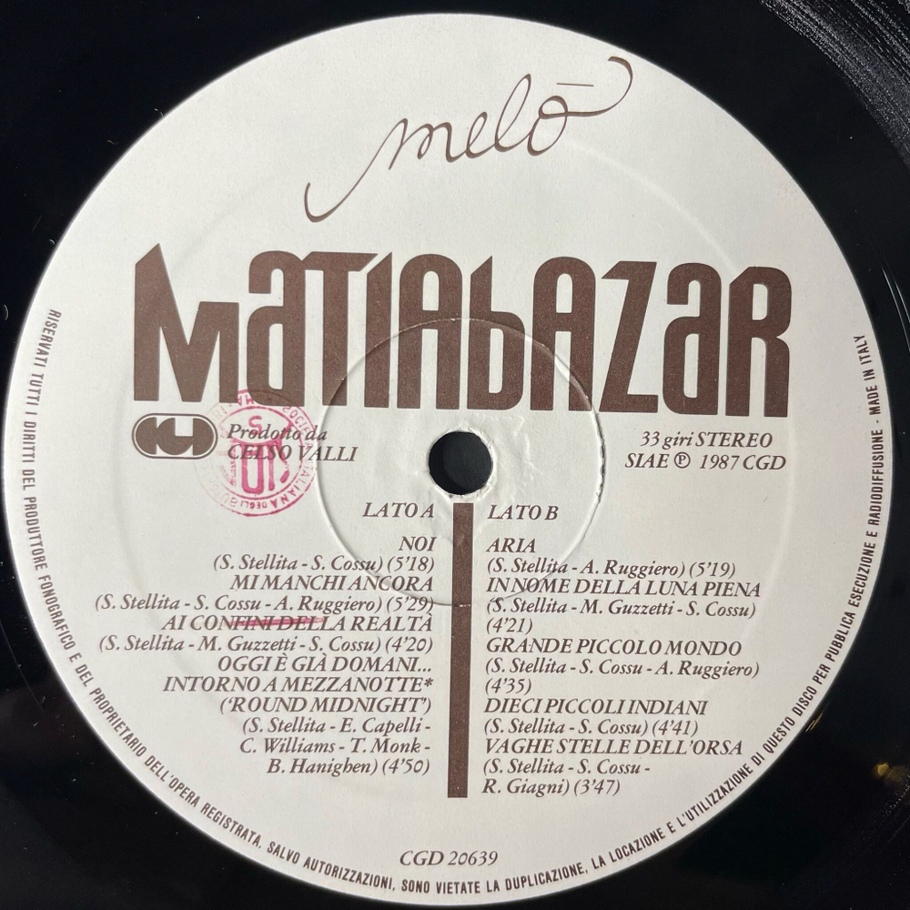 Винтажная виниловая пластинка LP Матиа Базар Matiabazar Melo (Italy 1987)