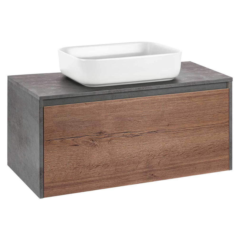 База под накладную раковину Mesa 1000 подвесная, 1 выкатной/1 скрытый ящик soft close, T.Oak + Beton, , шт