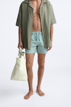 ZARA ПЛАВКИ SEERSUCKER КЛАССИЧЕСКОГО КРОЯ, СИНЕ-ЗЕЛЕНЫЙ