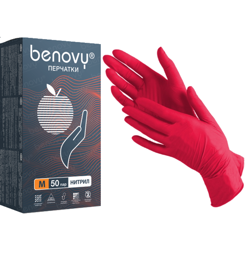 Benovy Перчатки нитриловые красные (M), 50 пар